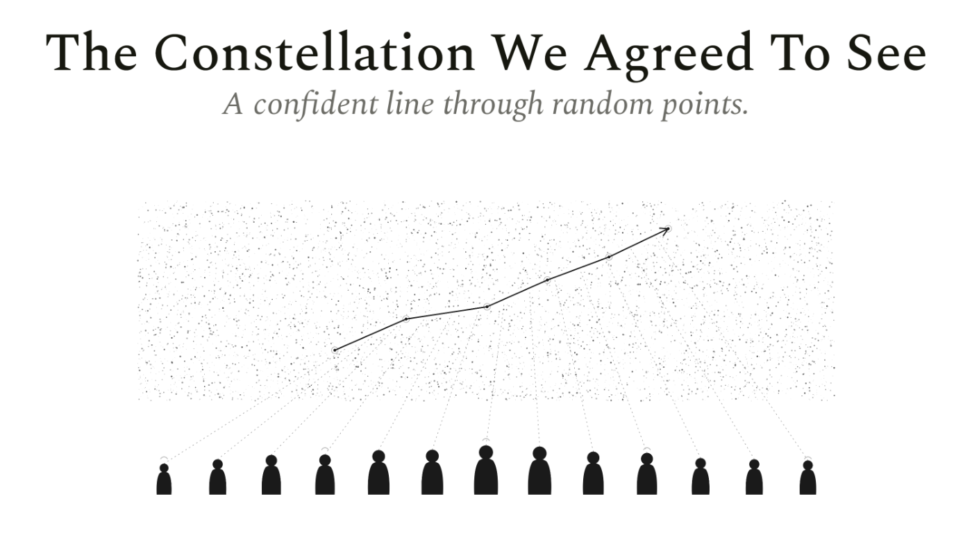 Plate from the book: silhouette figures below a scatter of points, with a single confident line drawn through them.